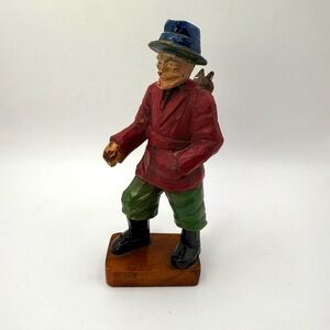 Vintage Anri Italian Handcrafted Wooden Figurine in Red Coat with Cat 6.5”